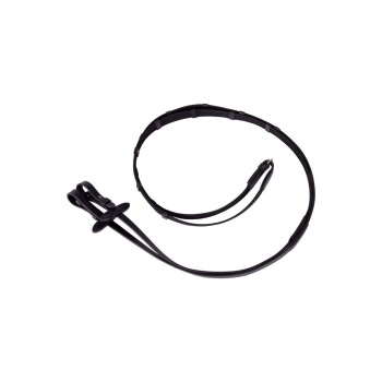 Schwarze Haustierleine mit verstellbaren Clips, auf einem weißen Hintergrund kreisförmig gewickelt.