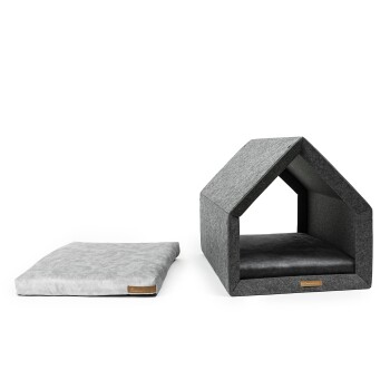 Stylisches graues Haustierhaus mit einem abnehmbaren Kissen, das ein modernes Design und ein gemütliches Innenleben bietet.