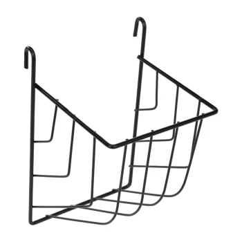 Metal Hay Rack S Black metal hanging storage basket with two hooks, designed for organizing pet supplies.