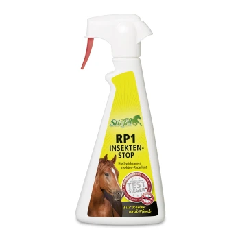Insektenschutzspray-Flasche mit der Aufschrift "Stiefel RP1 Insekten-Stop" mit einem Pferdebild, in einem gelb-weißen Design.