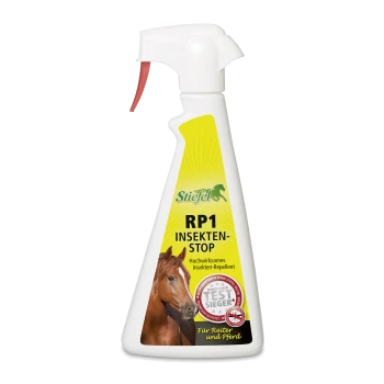 Insektenschutzspray-Flasche mit der Aufschrift "Stiefel RP1 Insekten-Stop" mit einem Pferdebild, in einem gelb-weißen Design.