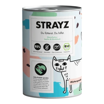 Dose STRAYZ Nassfutter für Katzen mit Lachs und Brokkoli, mit einer verspielten Katzenillustration, 95% Fleischanteil und Bio-Zertifizierung.