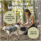 Eine Frau in einem Waldumfeld interagiert mit einem Hund, der einen Ball hält. Text auf dem Bild: 'BPA-FREIER NATURKAUTSCHUK' und 'IDEAL ZUR ZAHNPFLEGE', mit zusätzlichen Details über keine schädlichen Substanzen.