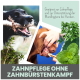 Zwei Hunde: einer kaut auf einem Stock, der andere bekommt die Zähne geputzt. Der Text fördert die Zahnpflege für Hunde ohne Kampf mit der Zahnbürste.