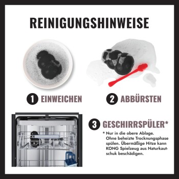 Reinigungsanweisungen (auf Deutsch) für schwarzes KONG-Spielzeug: 'REINIGUNGSHINWEISE' — 1 Einweichen, 2 Abbürsten (rote Bürste), 3 Geschirrspüler (oberes Gestell).