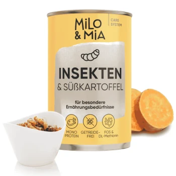 Dosenfutter für Hunde "Milo & Mia" mit schwarzer Hundillustration, beschriftet mit "Insekten & Süßkartoffel" und Vorteilen wie "Immun Booster."
