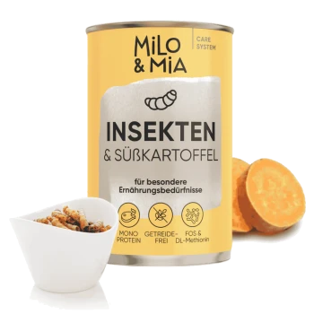 Dosenfutter für Hunde "Milo & Mia" mit schwarzer Hundillustration, beschriftet mit "Insekten & Süßkartoffel" und Vorteilen wie "Immun Booster."