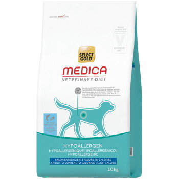 Select Gold Medica Veterinary Diet Hypoallergenic Hundefuttertüte, türkis und weiß, Hundesilhouette, Text „LOW-CALORIE“ und „10 kg“
