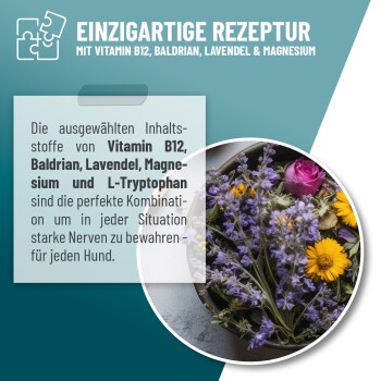 Anzeige für ein Tierprodukt, die eine Schüssel mit Blumen und Text über ein beruhigendes Rezept mit Vitamin B12, Baldrian, Lavendel, Magnesium und L-Tryptophan zeigt.