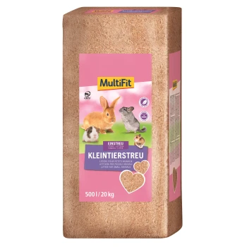 Kleintierstreu Presspack 500 l Eine Tüte MultiFit Kleintierstreu, mit Bildern eines Kaninchens, Meerschweinchens und einer Chinchilla. Der Text enthält "KLEINTIERSTREU" und "500 l / 20 kg."