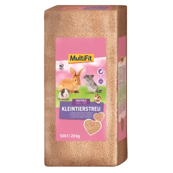 Eine Tüte MultiFit Kleintierstreu, mit Bildern eines Kaninchens, Meerschweinchens und einer Chinchilla. Der Text enthält "KLEINTIERSTREU" und "500 l / 20 kg."