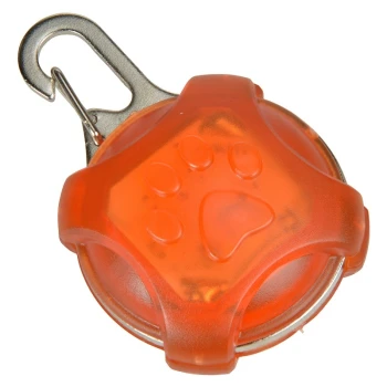 LED-Blinkanhänger orange Helles orangefarbenes Haustiersicherheitslicht mit einem Pfotenabdruckdesign und einem Metallclip zur Befestigung.