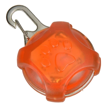 Helles orangefarbenes Haustiersicherheitslicht mit einem Pfotenabdruckdesign und einem Metallclip zur Befestigung.