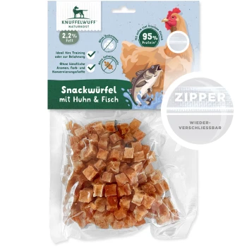 Snackwürfel mit Huhn und Fisch, 95% Protein, 2,2% Fett, ideal für Training oder Belohnungen, ohne künstliche Zusatzstoffe, wiederverschließbare Verpackung.