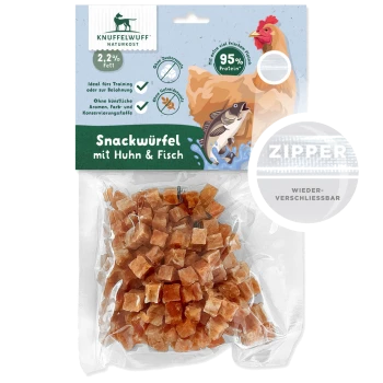 Snackwürfel mit Huhn und Fisch, 95% Protein, 2,2% Fett, ideal für Training oder Belohnungen, ohne künstliche Zusatzstoffe, wiederverschließbare Verpackung.