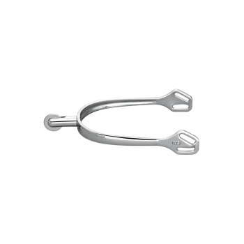Glänzender Metallsporn für das Pferdereiten mit abgerundetem Ende und zwei gezackten Spitzen, vor einem weißen Hintergrund präsentiert.