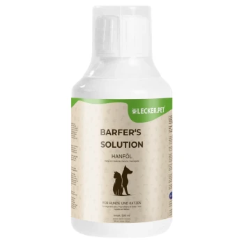Flasche BARFER'S SOLUTION Hanföl für Hunde und Katzen, 500 ml, mit einer Silhouette eines Hundes und einer Katze auf dem Etikett.