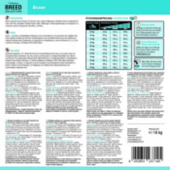 Verpackung von 'Breed Selection' Hundefutter 'Boxer' mit Fütterungstabelle, deutschen Nährwertangaben, Barcode und '10 kg'-Angabe.