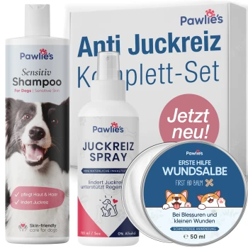 Pawlie's Anti Juckreiz Komplettset mit einem Shampoo für empfindliche Haut, einem Anti-Juckreiz-Spray und einem Erste-Hilfe-Balsam für Hunde, mit dem Text 'Jetzt neu!'