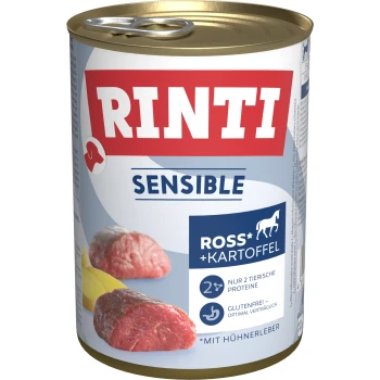Sensible Nassfutter Hund, Adult, Dose, Ross und Hühnerleber 6x400 g Dosenfutter für Hunde, gekennzeichnet mit "RINTI SENSIBLE", mit Rind und Kartoffel, mit Angaben zu glutenfrei und optimaler Verdaulichkeit.