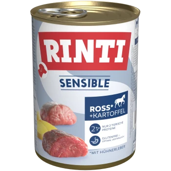 Dosenfutter für Hunde, gekennzeichnet mit "RINTI SENSIBLE", mit Rind und Kartoffel, mit Angaben zu glutenfrei und optimaler Verdaulichkeit.