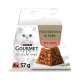 Purina Gourmet Katzenfutterpackung mit weißer langhaariger Katze und Lachs in Gelee; sichtbare Beschriftungen: ‚Feine Häppchen‘, ‚Mit Lachs‘, ‚4 x 57 g‘.