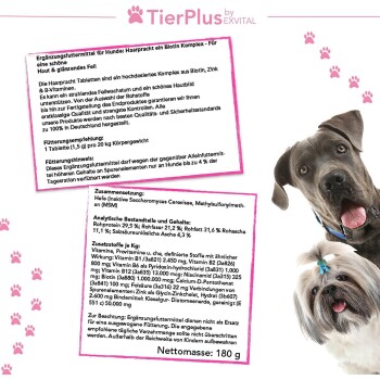 Ergänzung für Hunde mit einem Biotin-Komplex für gesunde Haut und glänzendes Fell, mit detaillierten Nährwertinformationen und Anwendungshinweisen.
