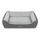 Grau und hellgraues Haustierbett mit erhöhten Seiten, mit dem Logo "Doctor Bark" auf der Vorderseite.