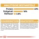 Nährwertangaben für Hundefutter, die 40% Protein, 18% Fett und 3,8% Ballaststoffe hervorheben, mit detaillierten Zutaten- und Zusatzstofflisten.