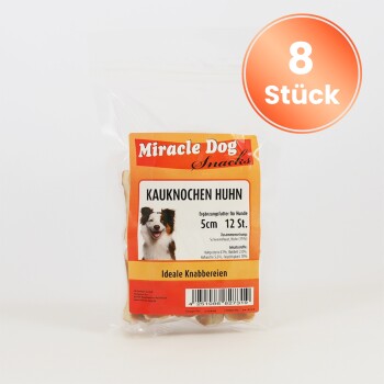 Packung Miracle Dog Snacks Hähnchen-Kau-Knochen, 5 cm, 12 Stück, mit Hundeabbildung und "8 Stück"-Etikett.