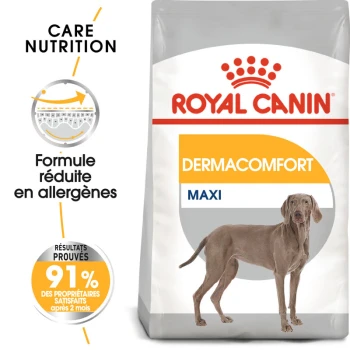 Sac de nourriture pour chien Royal Canin Dermacomfort Maxi avec un Weimaraner, avec un texte mettant en avant les allergènes réduits et 91% de satisfaction des propriétaires.