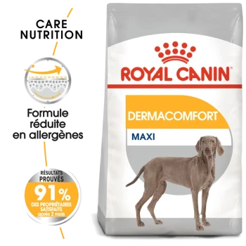 Sac de nourriture pour chien Royal Canin Dermacomfort Maxi avec un Weimaraner, avec un texte mettant en avant les allergènes réduits et 91% de satisfaction des propriétaires.