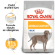 Sac de nourriture pour chien Royal Canin Dermacomfort Maxi avec un Weimaraner, avec un texte mettant en avant les allergènes réduits et 91% de satisfaction des propriétaires.
