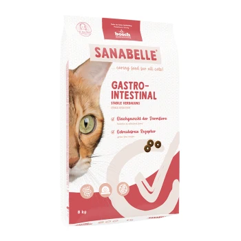 Nahaufnahme des Gesichts einer Katze auf 8 kg SANABELLE GASTRO-INTESTINAL Katzenfutter, das eine stabile Verdauung und ein getreidefreies Rezept fördert.