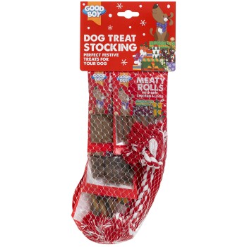 Good Boy Dog Treat Stocking with meaty rolls made of beef, chicken, and liver, festive packaging with a dog and presents.