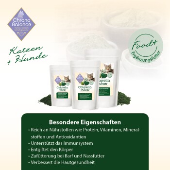 Chlorella-Pulver für Katzen und Hunde von Chrono Balance, das Vorteile wie Immununterstützung und Entgiftung hervorhebt.