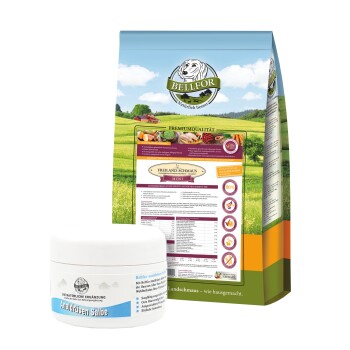 Eine Tüte Bellfor "FREILAND-SCHMAUS MINI" Tierfutter neben einem Glas "Analdrüsen Salbe", das Nährwertinformationen und Zutaten zeigt.