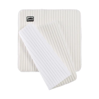 Zwei weiße Haustierpflege-Pads mit gerippter Textur, eines größer und eines kleiner, mit einem Eskadron-Logo auf dem größeren Pad.