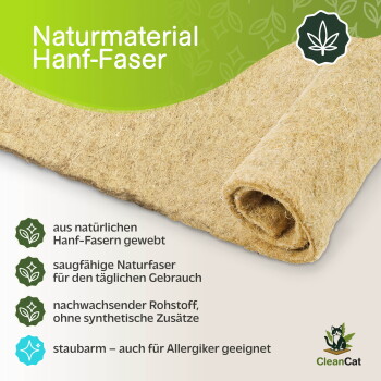 Gerollte Matte aus natürlicher Hanffaser, 100 % biologisch abbaubar, kompostierbar, chemikalienfrei, staubfrei, allergikerfreundlich, mit CleanCat-Label.