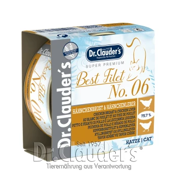 Verpackung des Katzenfutters Dr. Clauder's Super Premium Best Filet No. 06, mit Hühnerbrust und Hühnerleber, 75,7% Fleischanteil.