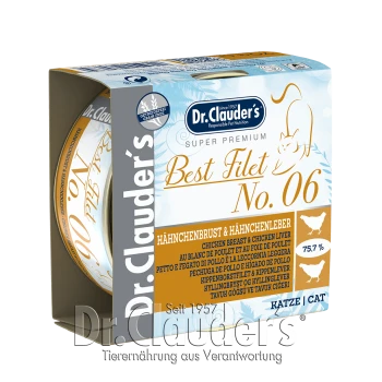 Verpackung des Katzenfutters Dr. Clauder's Super Premium Best Filet No. 06, mit Hühnerbrust und Hühnerleber, 75,7% Fleischanteil.
