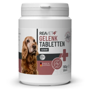 Behälter mit REAVET Gelenk Tabletten für ältere Hunde, 180g, hergestellt in Deutschland, mit einer Hundesilhouette und einem Symbol für Gelenkgesundheit.