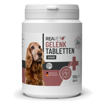 Behälter mit REAVET Gelenk Tabletten für ältere Hunde, 180g, hergestellt in Deutschland, mit einer Hundesilhouette und einem Symbol für Gelenkgesundheit.