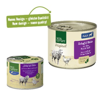 Beagle Nature Nassfutter für Haustiere: größere "Schaf & Fladen" Dose und kleinere Dose, mit dem Text "Neues Design - gleiche Qualität!"