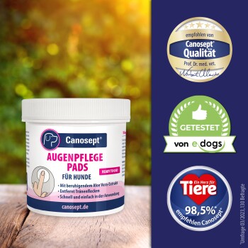 Canosept Augenpflege-Pads für Hunde in einem weißen Behälter, mit Text über beruhigenden Aloe-Vera-Extrakt, Fleckenentfernung und Benutzerfreundlichkeit.