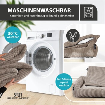 Cord-Katzenbett und Kissen neben einer Waschmaschine; sichtbarer Text: 'MASCHINENWASCHBAR' und '30°C waschbar'.