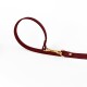 Eine burgunderrote Hundeleine mit einem goldenen Metallverschluss und einem Schlaufenhandgriff, vor einem weißen Hintergrund präsentiert.