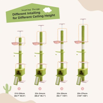 Katzenbaum mit verstellbaren Höhen für verschiedene Deckenhöhen, mit vier Modellen von 210-274 cm, in grünem Design.
