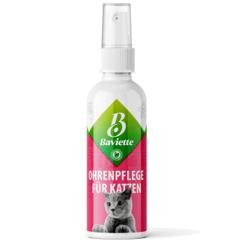 Weißer Sprühflakon mit grünem Baviette-Logo und Text 'Ohrenpflege für Katzen' auf pinkem Etikett, Foto einer grauen Katze.
