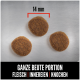 Drei 14mm Krokettenstücke auf einer metallischen Oberfläche mit dem Text "GANZE BEUTE PORTION FLEISCH | INNEREIEN | KNOCHEN" darunter.